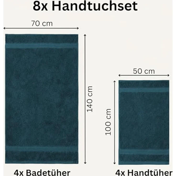 Komfortec 8er Handtuch Set aus 100% Baumwolle, 4 Badetücher 70x140 und 4 Handtücher 50x100 cm, Frottee, Weich, Towel, Groß, Petrol – Bild 4