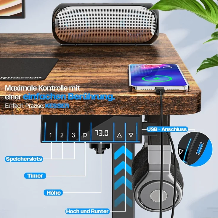 KESSER® Höhenverstellbarer Schreibtisch elektrisch | Ergonomisch Steh-Sitz Schreibtisch | 3-Funktions-Memory Steuerung | Inkl. 360° Rollen & USB-Ladeanschluss | Computertisch für Homeoffice Braun, 100 x 60 cm – Bild 2