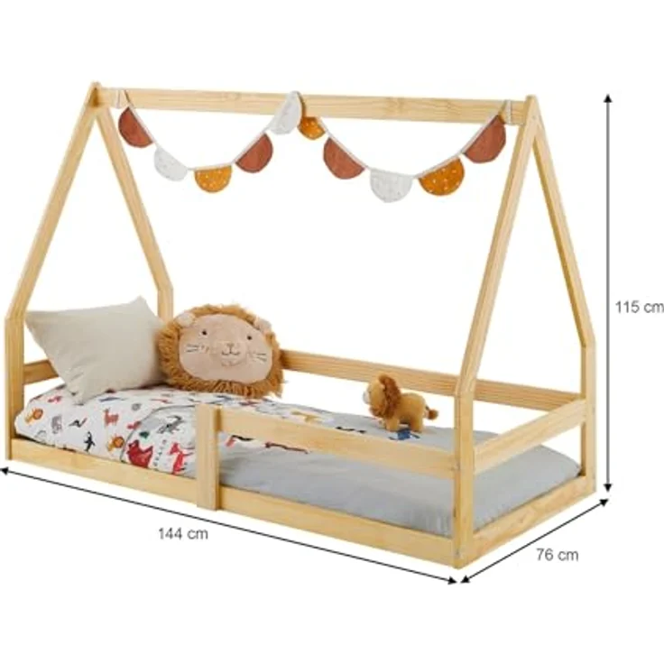 IDIMEX Hausbett TAMI Kinderbett in Hausform, 70x140 cm, Natur, Kiefernholz Kinderbett mit Rausfallschutz, ideal zum Schlafen und Spielen, Bodenbett, Montessori – Bild 3