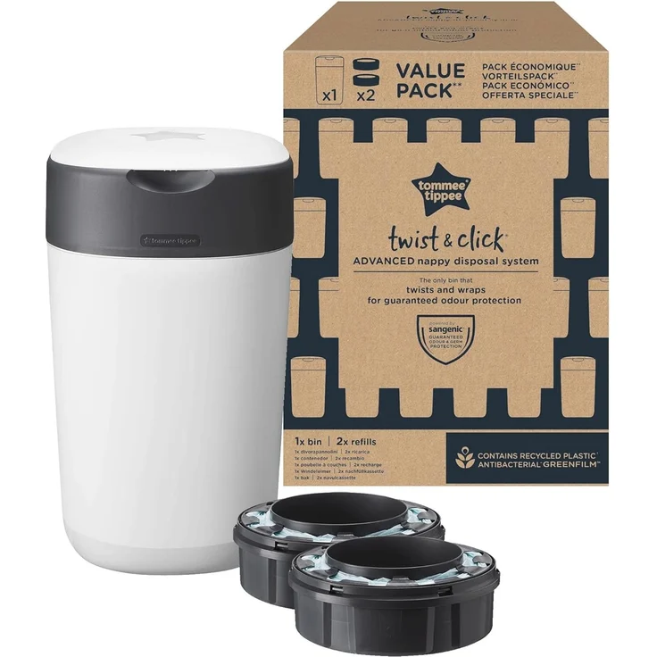 Tommee Tippee Twist and Click Advanced Windeleimer mit 2 Nachfüllkassetten, garantierter Geruchs- und Keimschutz, großes Fassungsvermögen (Verpackung kann variieren) – Bild 1