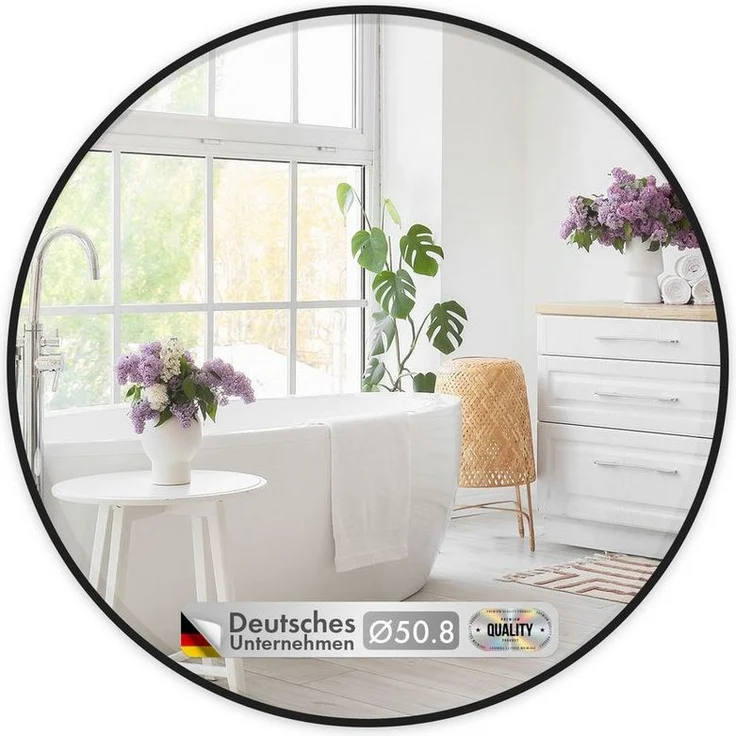 Floordirekt Wandspiegel Bella, Runder Spiegel mit schwarzem Aluminiumrahmen, in 3 Größen (Kristallklar & Rostfrei, 1-St, 50cm Durchmesser), Anti-Glasspliter Folie für mehr Sicherheit, mit Montagematerial – Bild 5