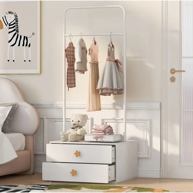 Kleiderschrank 140 x 55 x 170 cm mit Doppeltüren, Kleiderstange und Schubladen, Weiß und Holzfarbe – Bild 4