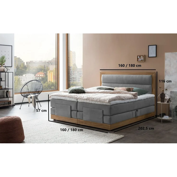Belanoti Boxspringbett MODELA (Boxspringbett 180x200 elektrisch verstellbar Bett 180x200 mit Motor, 7-Zonen Taschenfederkern Matratze inklusive Visco Topper), in der Farbe Hellgrau H2/H3 Polsterbett Motorbett mit Eiche – Bild 3