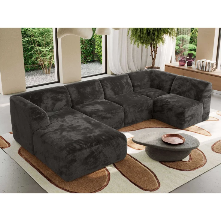 Modulares XXL-Ecksofa MODARO 5M, U-Form, Wohnlandschaft, 5-teilig, freistehend, Wohnzimmer Couch, HR-Schaumstoff - Dunkelgrau Plüsch - Links – Bild 4