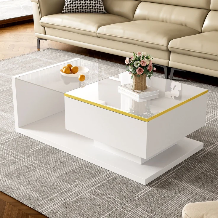 Couchtisch 90x50 cm Hochglanz Weiss LED Beleuchtung App Steuerung 16 Farben Glasplatte Wohnzimmer – Bild 2