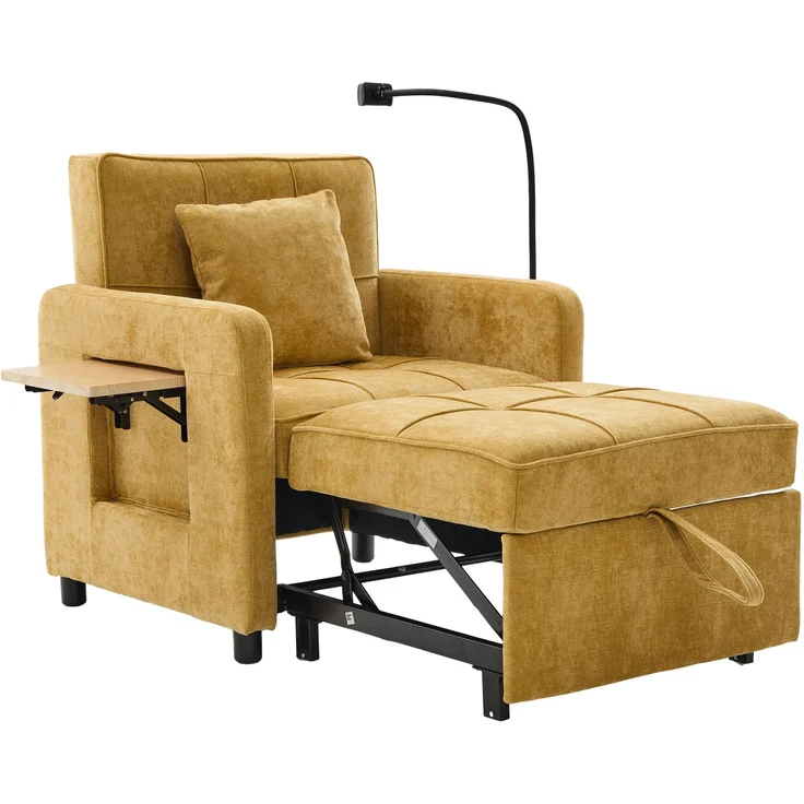 LVHOM Multifunktionaler Schlafsessel mit klappbarer Ablage, Ausziehbares 1-Sitzer Schlafsofa mit Handyhalter und Seitentaschen, Loungesessel, Gelb – Bild 2