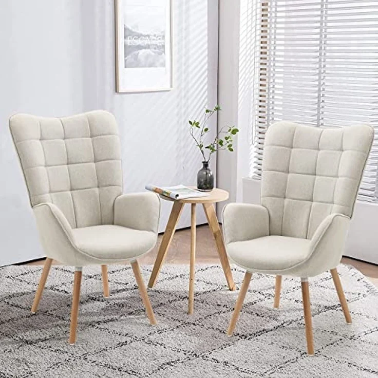 MEUBLE COSY Sessel 2er Relaxsessel Lehnstühle Polstersessel Einzelsofa mit Holzbein Ohrensessel für Wohnzimmer Schlafzimmer Büro Vanity, Stoff, Beige – Bild 2