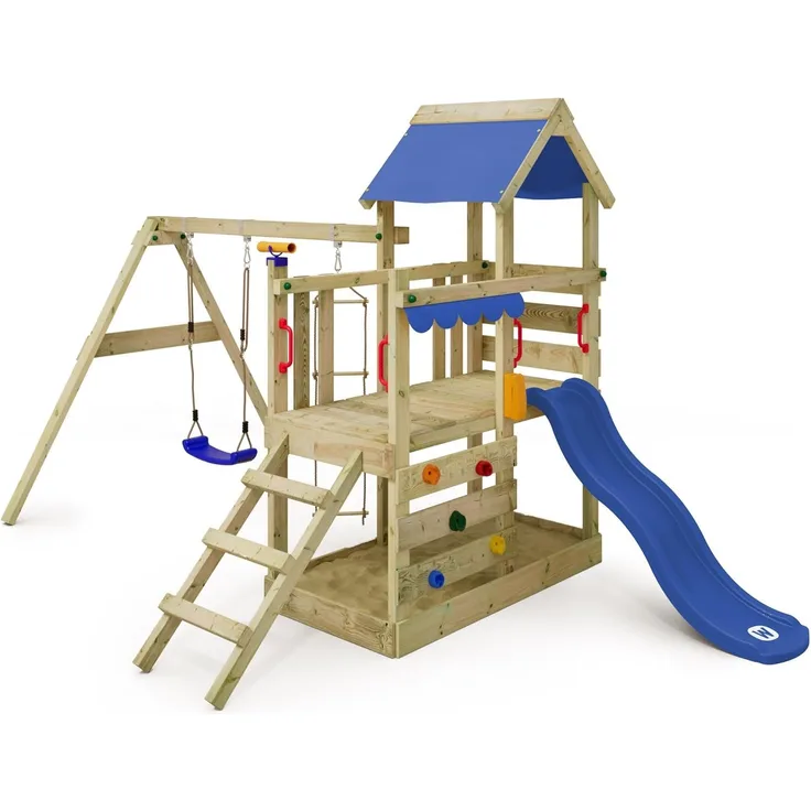 WICKEY 'TurboFlyer' Klettergerüst, mit Schaukel & blauer Rutsche, Kletterturm mit Sandkasten, Leiter & Spiel-Zubehör