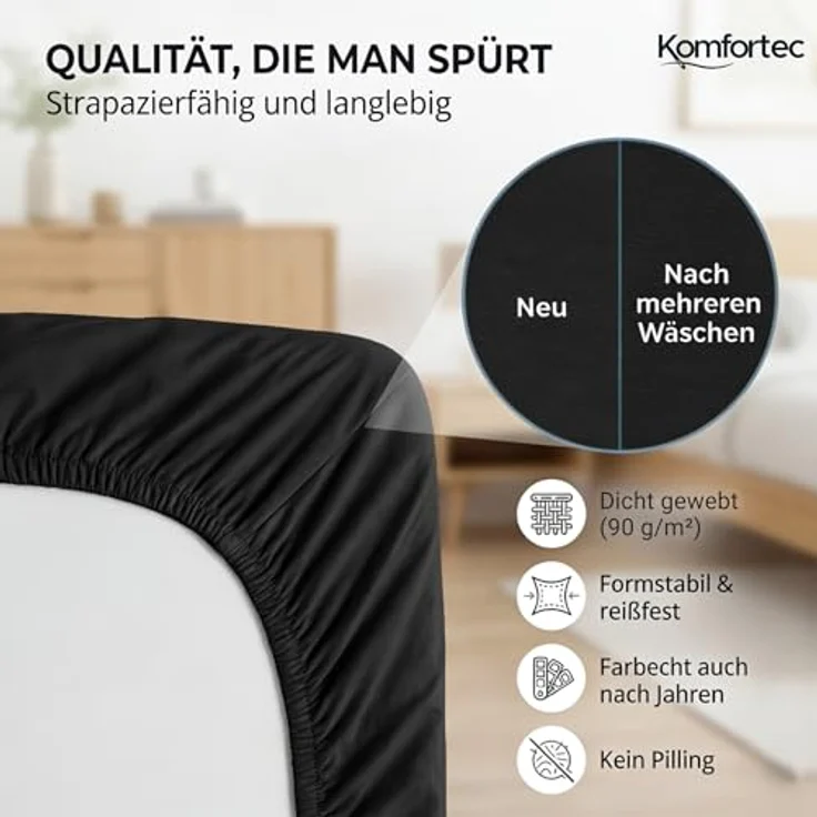 Komfortec Mikrofaser Spannbettlaken 160x200 cm – Weiches Spannbetttuch mit Rundumgummi – Fitted Sheet für Matratzen bis 30 cm – Schwarz – Oeko-Tex – Pflegeleicht & Hautfreundlich – 90g/m² – Bild 6