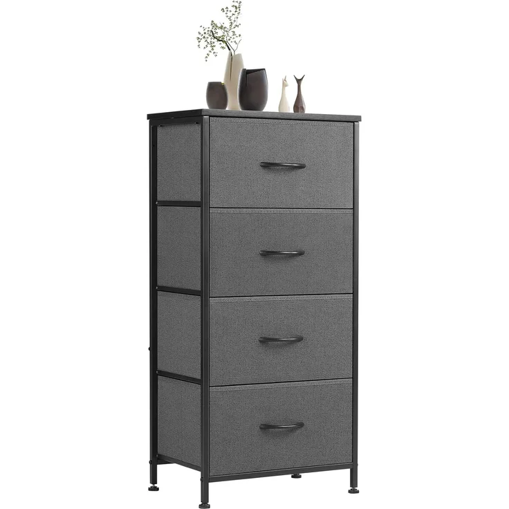 Sweetcrispy Kommode mit 4 Schubladen, Stoff Schubladenschrank, Schmal Schrank, Kommode Schlafzimmer, Industrial Stil für Wohnzimmer, Kinderzimmer, Flur Aufbewahrungsschrank, Hellgrau – Bild 1