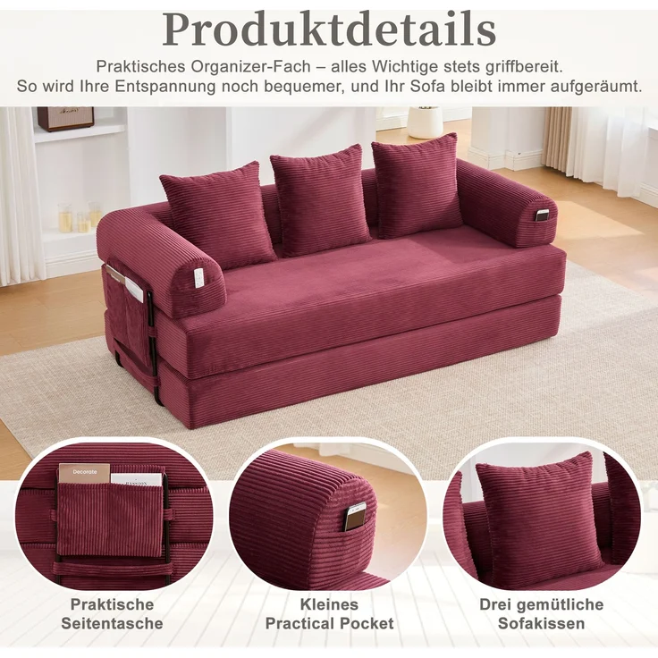 LVHOM Schlafsofa 3 Sitzer, Klappsofa mit Schlaffunktion, Bodensofa, Polstersofa aus CordStoff, Schlafcouch dauerschläfer, frei Kombination, 200x94x67 cm, Weinrot – Bild 4
