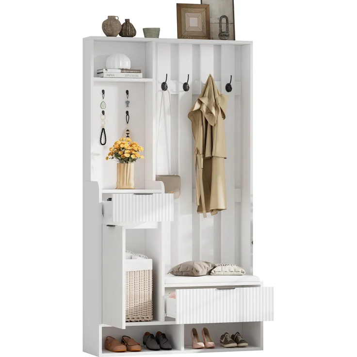 100*30*180cm Garderobenständer 6-in-1, mit 8 Haken, Schuhbank und Ablagen, Kippschutz,Kompaktgarderoben Mit Schubladen und Schränken,100cm breit,Schuhschrank, weiß – Bild 8