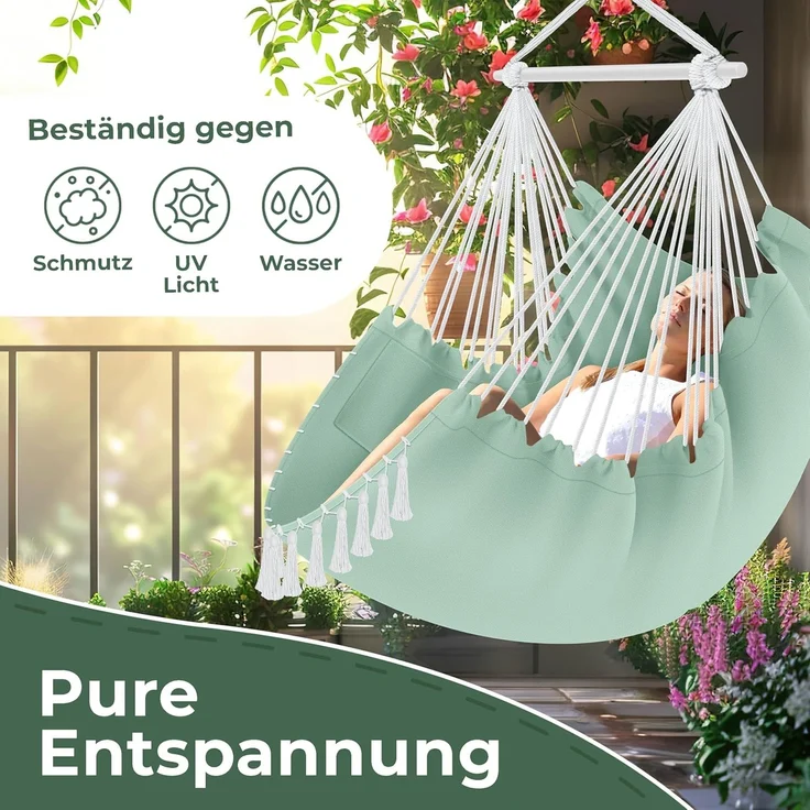 KESSER® Hängesessel mit 2 Kissen Getränkehalter & Bücherfach - Safari XXL Hängestuhl für Erwachsene & Kinder Hängematte bis 150 kg Hängesitz Aufhängung Indoor & Outdoor Wohn & Garten Terrasse Grün / Weiß – Bild 8