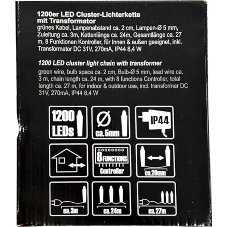 Mojawo 1200er Cluster-Lichterkette, LEDs warmweiß, 27m, dunkelgrünes Kabel, Innen- und Außenbereich, 8 Funktionen, inkl. Transformator – Bild 5