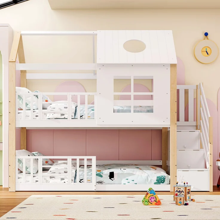 Etagenbett / Hausbett 90 × 200 cm – mit seitlicher Aufbewahrungstreppe, Dach mit Rundöffnung & Fenster, Weiß&Natur – Bild 5