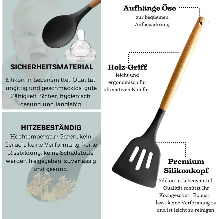 Küchenhelfer Set 12-tlg Silikon, Holzgriff, versch. Farben Schwarz – Bild 2