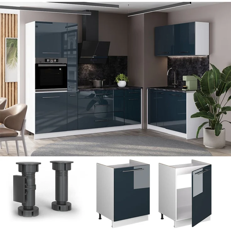 Spülenunterschrank Fame-Line Dunkelblau Hochglanz/Weiß 60 cm Vicco – Bild 4
