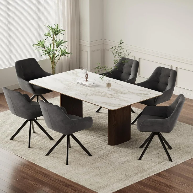 COLAMY Drehbare Esszimmerstühle 6er Set, Esszimmerstühle Drehbar mit Armlehne, Armlehnstuhl Drehbar mit Rückenlehne für Esszimmer, Stühle aus Weichem Florstoff mit Metallgestell für Küche, Grau – Bild 1