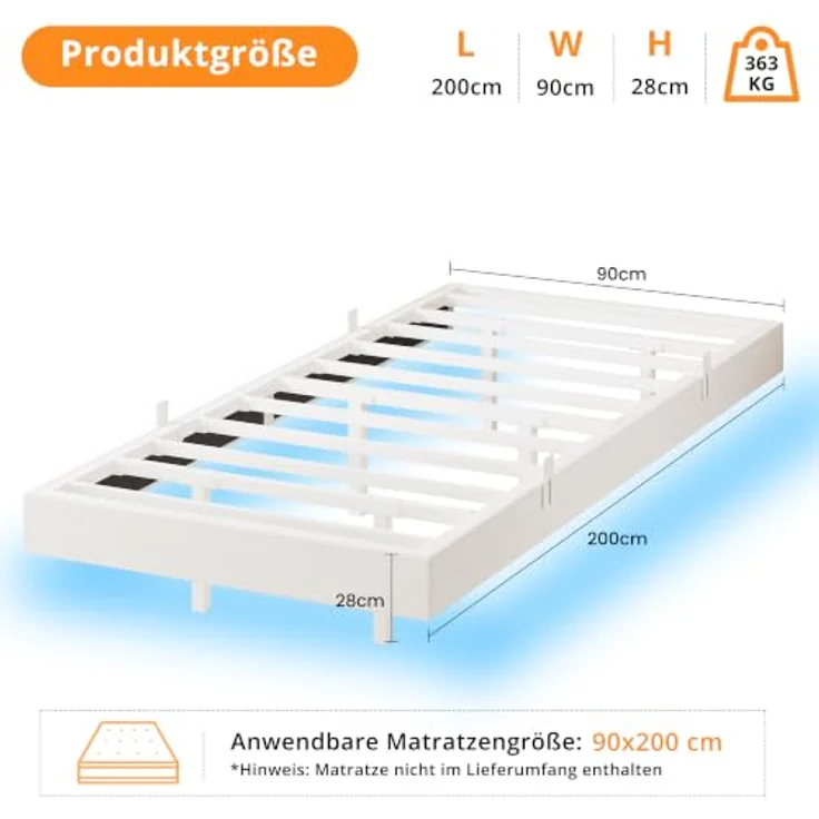 IRONCK Bettgestell 90x200 cm, Schwebender Bett mit LED Beleuchtung, Gepolsterte Seitenwände, 2 AC-Steckdosen, 2 USB-A-Anschluss, 1 USB-C-Anschluss, Metallbett mit Lattenrost Einzelbett, Weiß – Bild 7