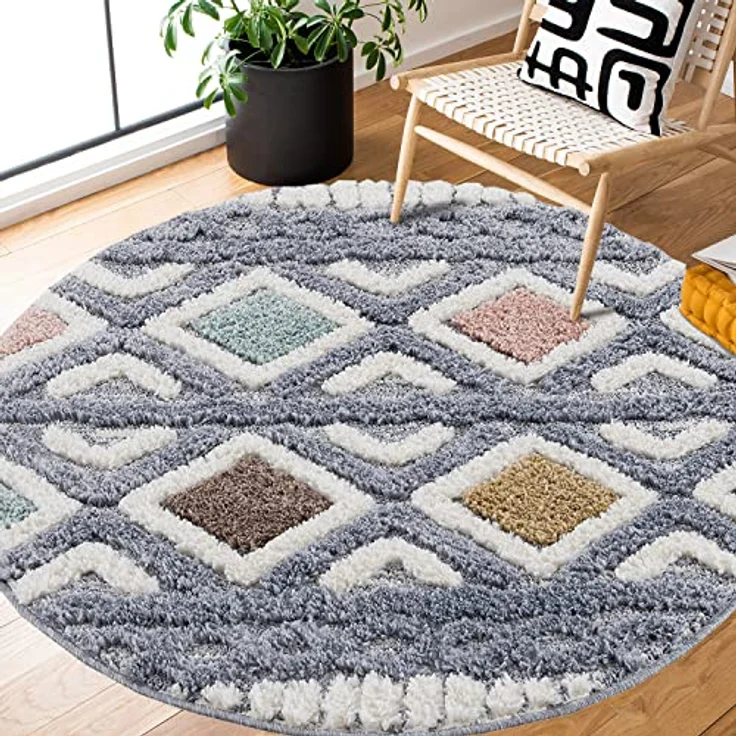 Teppich Rund - Hochflor - Boho - Pastell Multi - 120x120cm - Einfarbig - Modern Raute Ornamente - Skandinavisch Flauschig Weich - Wohnteppich Schlafzimmer Dekoration – Bild 2