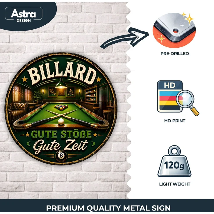 AstraDesign Blechschild Rund 30cm - Billard Gute Stöße Gute Zeit Retro Deko – Metall – Mehrfarbig – RD0012 – Bild 3