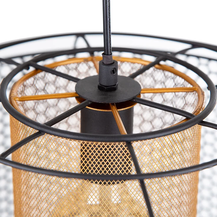 Hängelampe, Metall, goldfarbener Zylinder, Gitter, H 150 cm – Bild 7
