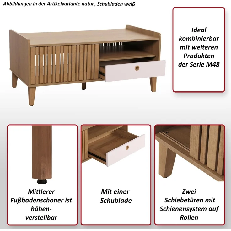 Couchtisch HWC-M48, Wohnzimmertisch Tisch Sofatisch, 52x114x59cm ~ natur, Schublade weiß – Bild 2