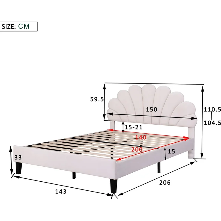 Polsterbett Doppelbett 140 x 200 cm, Bettrahmen mit blumenförmigem Kopfteil und Lattenrost, Erwachsenen-Jugendbett in hautfreundlichem Samtstoff, Gästebett Beige – Bild 8