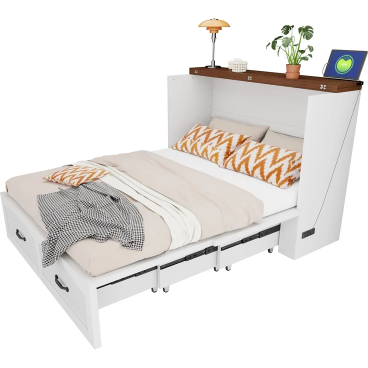 ZUBALIYA Klappbett 140 × 200 cm, Metall und Holz, Ausziehbett, Weiß – Bild 7