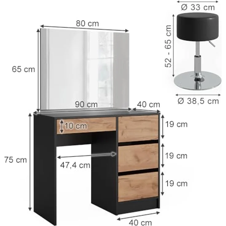 Vicco Schminktisch Sherry, Anthrazit, 4 Fächer, 4 Schubladen, Rechteckig, 90x75x40 cm, inkl. Spiegel und Hocker – Bild 3