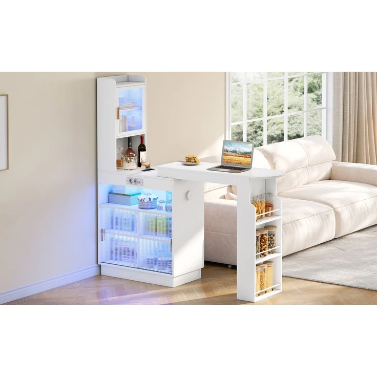 ZUBALIYA Küchenschrank mit Glastüren / Barschrank & Sideboard, mit ausziehbarer Bartisch & Stehtisch mit Stauraum und steckdose, Weiß, 131–170 x 40 x 170 cm, fürs Büro, mit LED, Samt – Bild 21