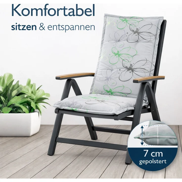 BURI 4x Auflagen Set Hochlehner für Gartenstühle 120x48x7cm Sesselauflagen Polster UV Lichtecht - Gartenstuhlauflagen Blumen Muster Stuhlkissen mit Dicker Schaumstoff Füllung (Grau) – Bild 3