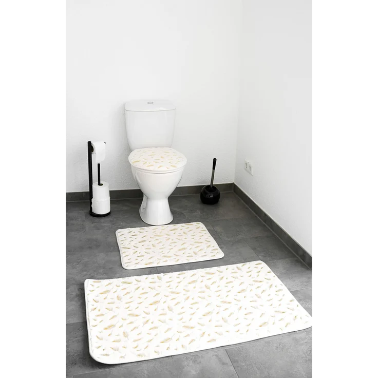 Almina Harmonie 3 Teiliges Bademattenset Rutschfest und Waschbar mit Federmotiv aus Polyester Creme – Bild 2