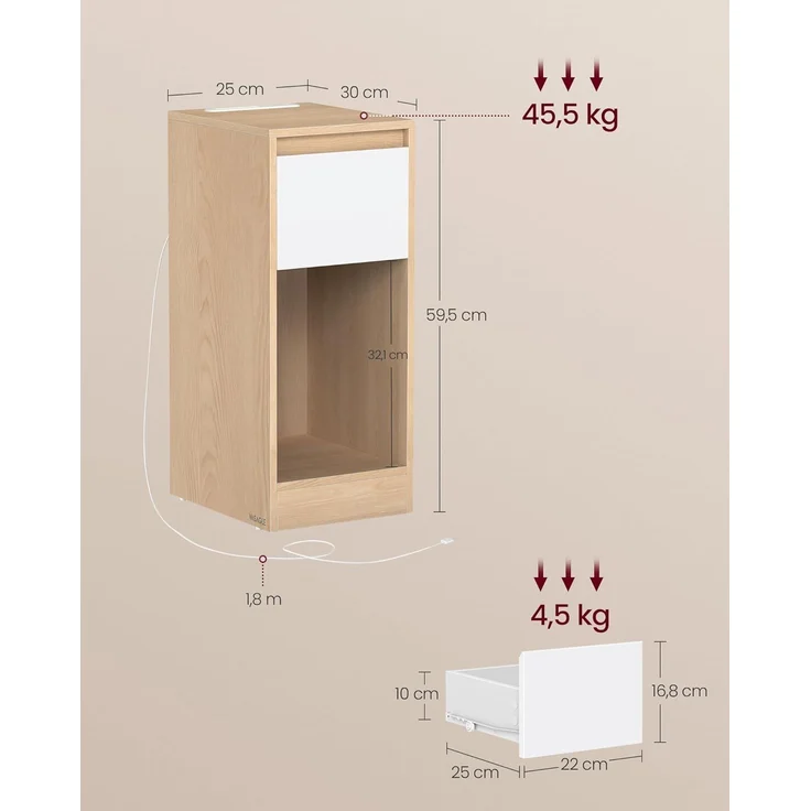 VASAGLE Nachttisch 2er Set, schmal, Beistelltisch, LED-Beleuchtung, 1 USB-A-Anschluss, 1 USB-C-Anschluss, Schublade, offenes Fach, für Schlafzimmer, Wohnzimmer, mandelgelb-wolkenweiß LETDE710Y01 – Bild 3