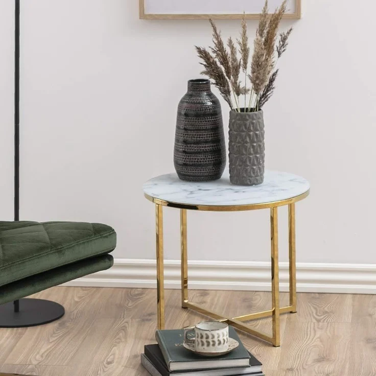 Selsey BAKAR - Beistelltisch/Couchtisch im Glamour Stil, Marmoroptik mit Metallgestell in Gold, rund 50 cm – Bild 2