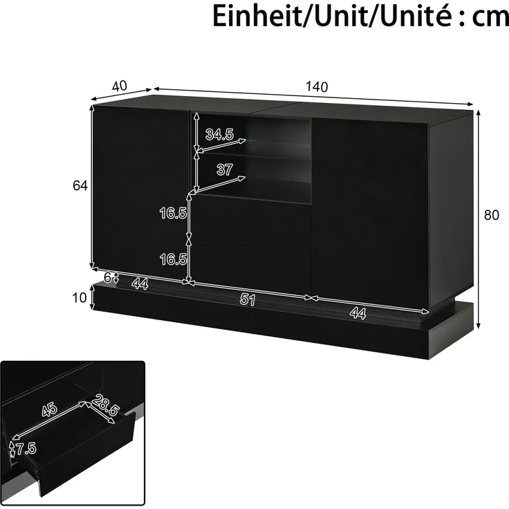 ZUBALIYA Sideboard 140x40x80 cm, mit LED-Beleuchtung, Hochglanz, mit 2 Türen, aus Spanplatte, Schwarz – Bild 4