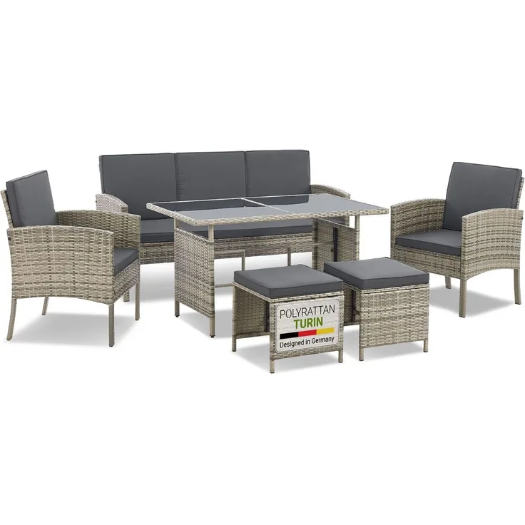 Juskys 'Turin' Outdoor Sitzgruppe für 7 Personen, Polyrattan, 120 x 70 cm, Grau