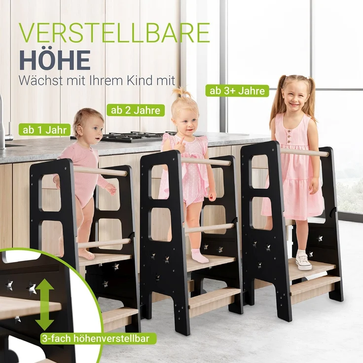 Juskys 'Henny' Lernturm - für Kinder ab 1 Jahr, Stehhilfe, 3-fach höhenverstellbar, Umkippschutz, Küchenhelfer, Schwarz – Bild 4