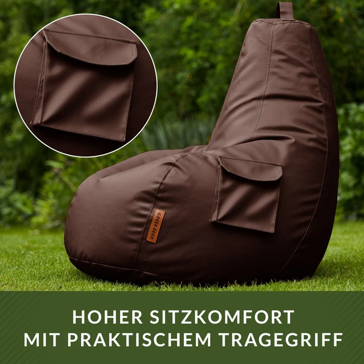 Green Bean® Sitzsack aus Kunstleder mit EPS Perlen Füllung - 90 x 80 x 70 cm - Bean Bag - Gaming Chair Rückenlehne - Dunkelbraun – Bild 5
