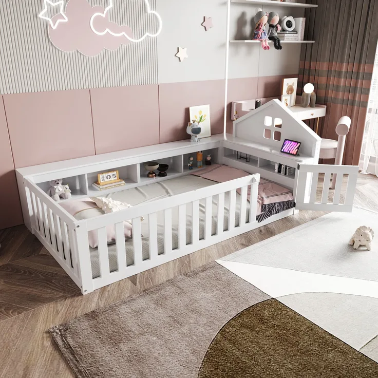 Kinderbett 90 x 200 cm, Mit Dachleiste und Fenster, Mit Staufach zur Aufbewahrung, Mit Sicherheitsgitter und Tür, Rundum-Sicherheitsschutz, Massivholzbett mit Lattenrost, Einzelbett, Weiß