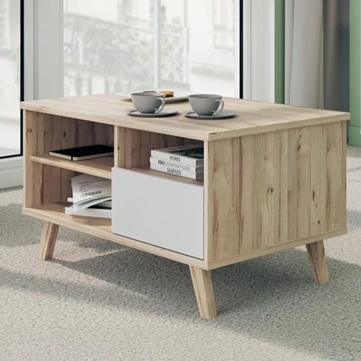 Forte VANNKA Couchtisch 90, Tisch mit offenen Fächern und Schublade, Holzwerkstoff, Planked Eiche Dekor/Weiß, 90 cm breit, 51,1 cm hoch, 60 cm tief – Bild 8