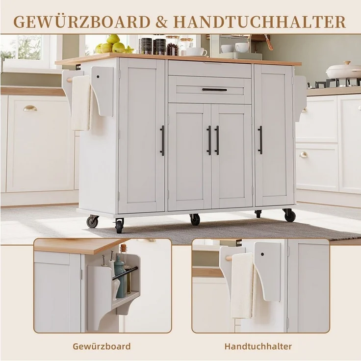SeedWave Kücheninsel auf Rollen, mit Klappbarer Tischplatte, Besteckschublade, Staufächern, 1 Gewürzboard & Handtuchhalter, 3 höhenverstellbare Einlegeböden – Bild 4