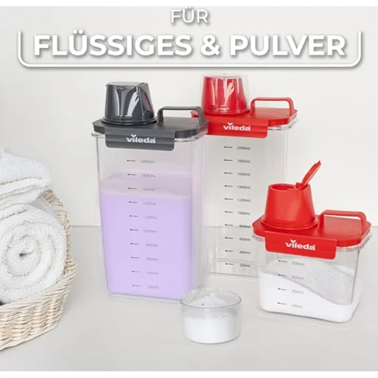 Vileda Waschmittelbox 1100ml grau - Praktische Aufbewahrungsbox für Waschpulver & Flüssigwaschmittel - Inklusive Messbecher für präzises Dosieren - Luftdichte & Platzsparende Waschpulverbox – Bild 7