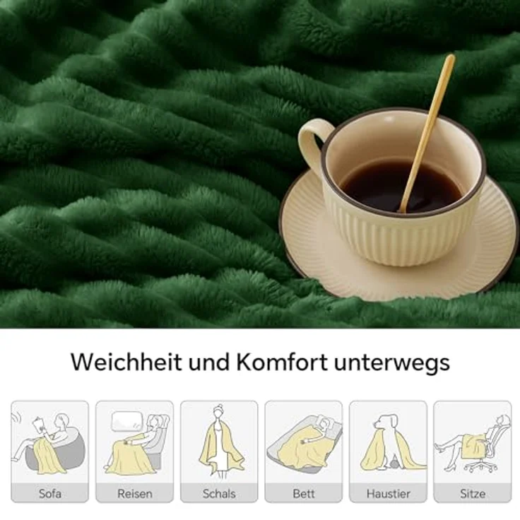 BEDELITE Kuscheldecke Flauschig Decke 150x200 - weiche XL Flanell Decken Grün für Couch, Deko Streifen Cord Fleecedecke Dunkelgrün als Couch Überwurf für Wohnzimmer, Twin Blanket Wide Use – Bild 4