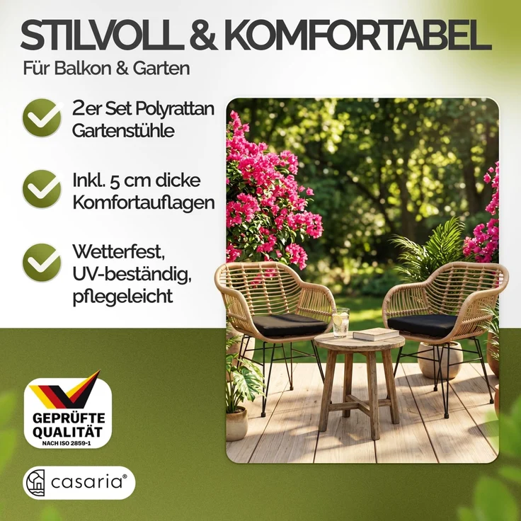 CASARIA® Korbsessel Gartenstühle 2er Set Bali Polyrattan – Bild 3