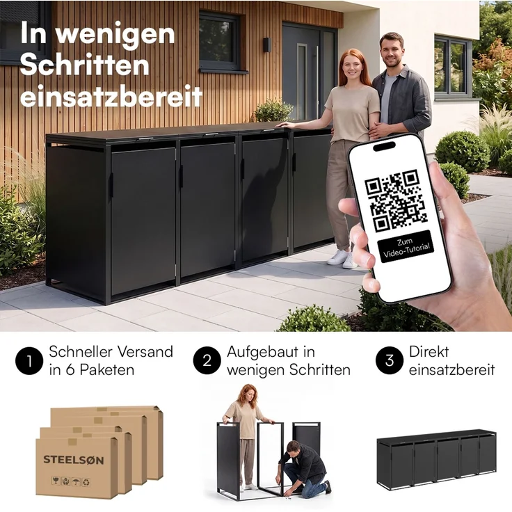 STEELSØN 'Thoria' Mülltonnenbox 5er je 240 Liter, graphitschwarz, Mülltonnenverkleidung aus Stahl, wetterfest, 116x80x332 cm, Müllbox für 5 Tonnen – Bild 10