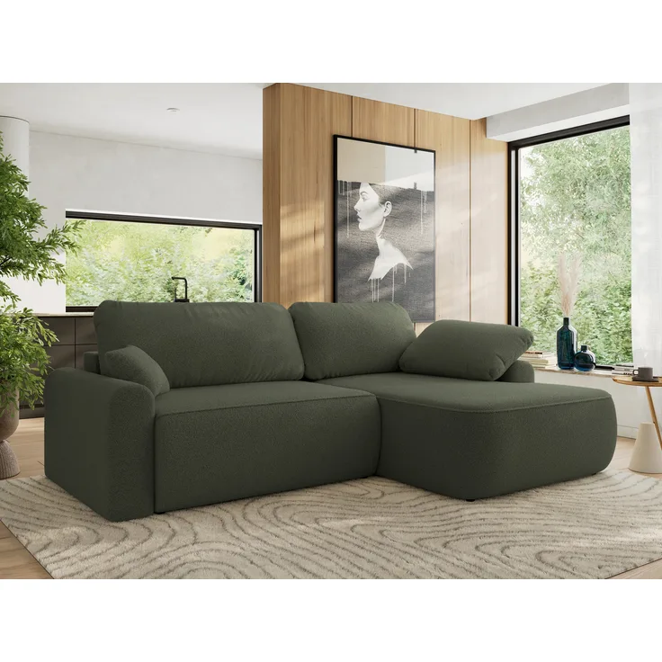 Ecksofa, L-förmiges, lose Kissen, DL-Schlaffunktion, (H 100 x T 187 x B 273 cm) - CUBO L - Boucle Grün - rechte Seite