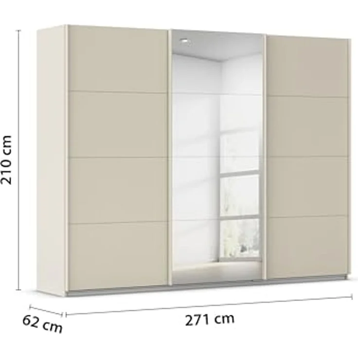 Rauch Möbel Kulmbach, Kleiderschrank mit Schwebetüren für Schlafzimmer, Kinderzimmer, Jugendzimmer, Garderobe, Flur, 3-türig, mit Spiegel, Zubehör Classic, Farbe Beige, Breite 271 cm – Bild 3