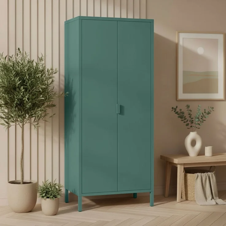 skølm 'Ituri' Kleiderschrank, Metall, 170x45x80 cm, dunkelgrün, Garderobe mit 4 Fächern und 2 Kleiderstangen – Bild 7
