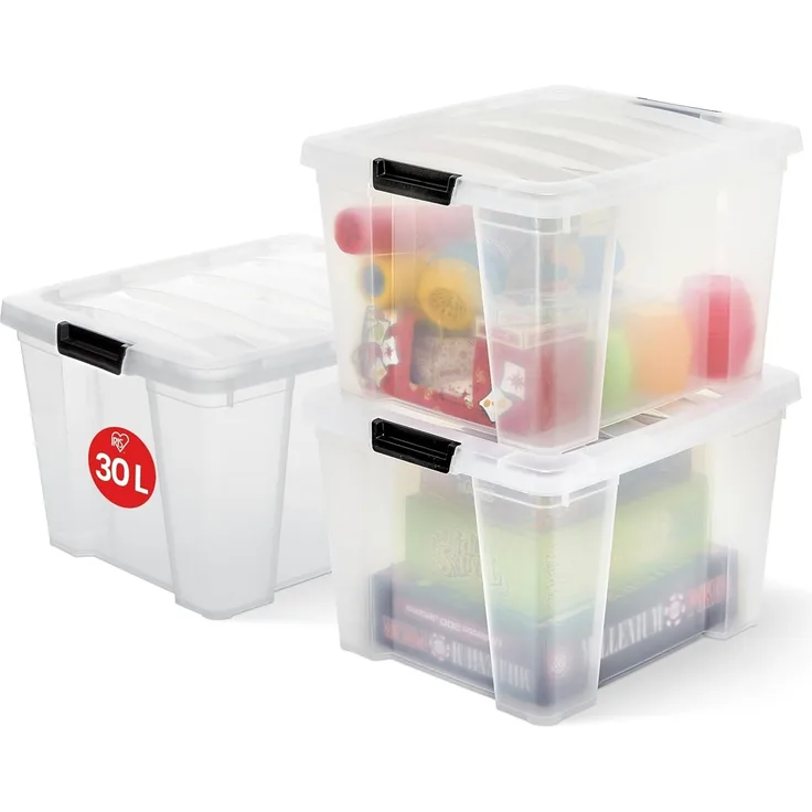 Iris Ohyama Aufbewahrungsboxen mit Deckel, 30L, 3er-Set, Transparent, Sicherer Verschluss, Stapelbar, Griffe, Schlafzimmer, Schrank, Büro, Organisation, BPA-freies Plastik, Ordnungsboxen, HB-30